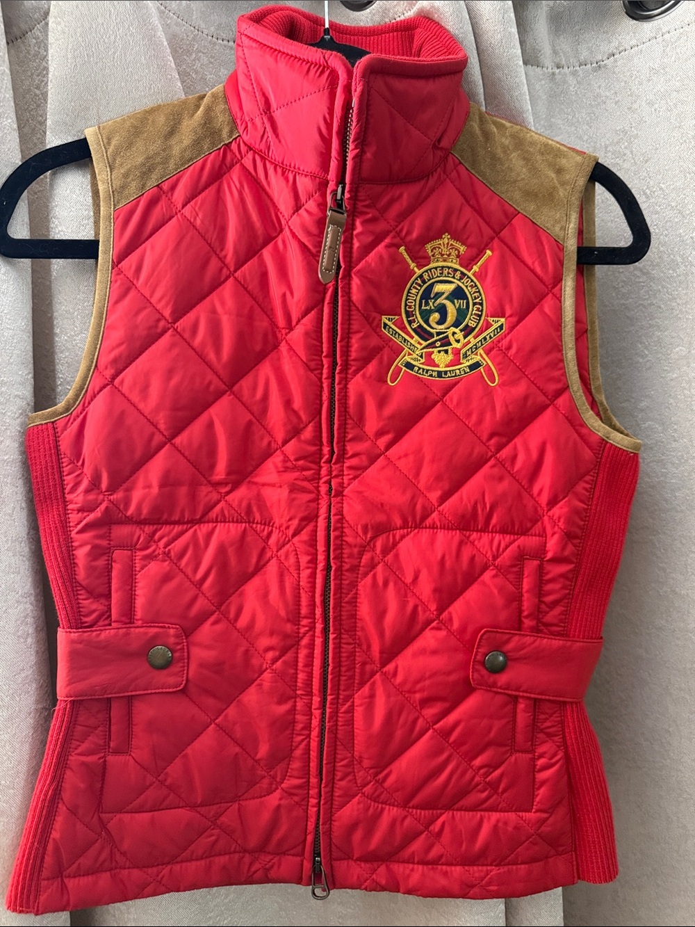 Ralph Lauren Red Quilted Vest with Suede Shoulder Accents
